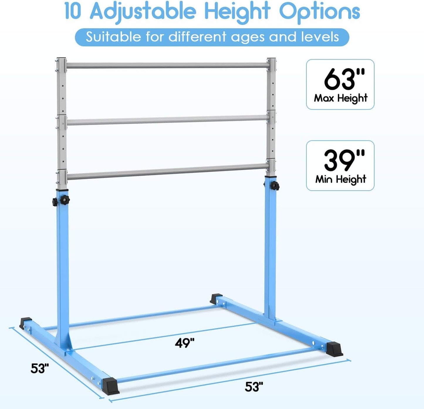 Safly Fun Gymnastics Bar with Mat for Kids Ages 3-15 for Home - Steady Steel Construction, Anti-Slip, Easy to Assemble, 3' to 5' Adjustable Height