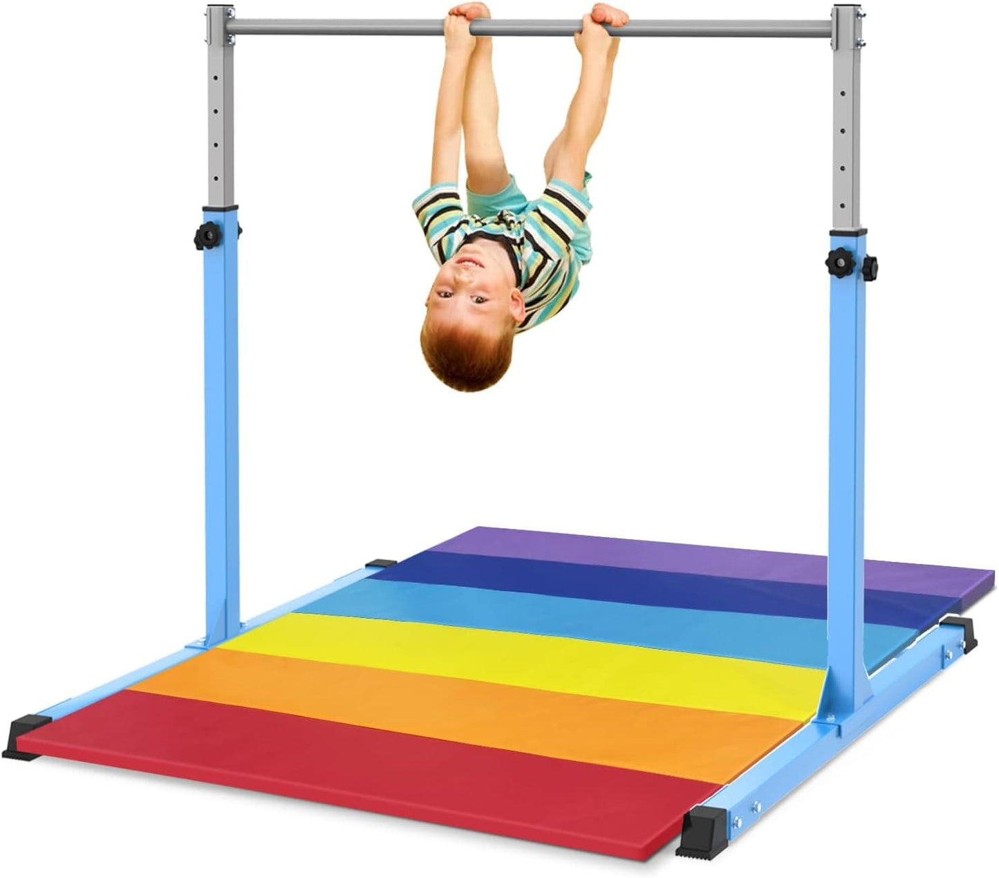 Safly Fun Gymnastics Bar with Mat for Kids Ages 3-15 for Home - Steady Steel Construction, Anti-Slip, Easy to Assemble, 3' to 5' Adjustable Height