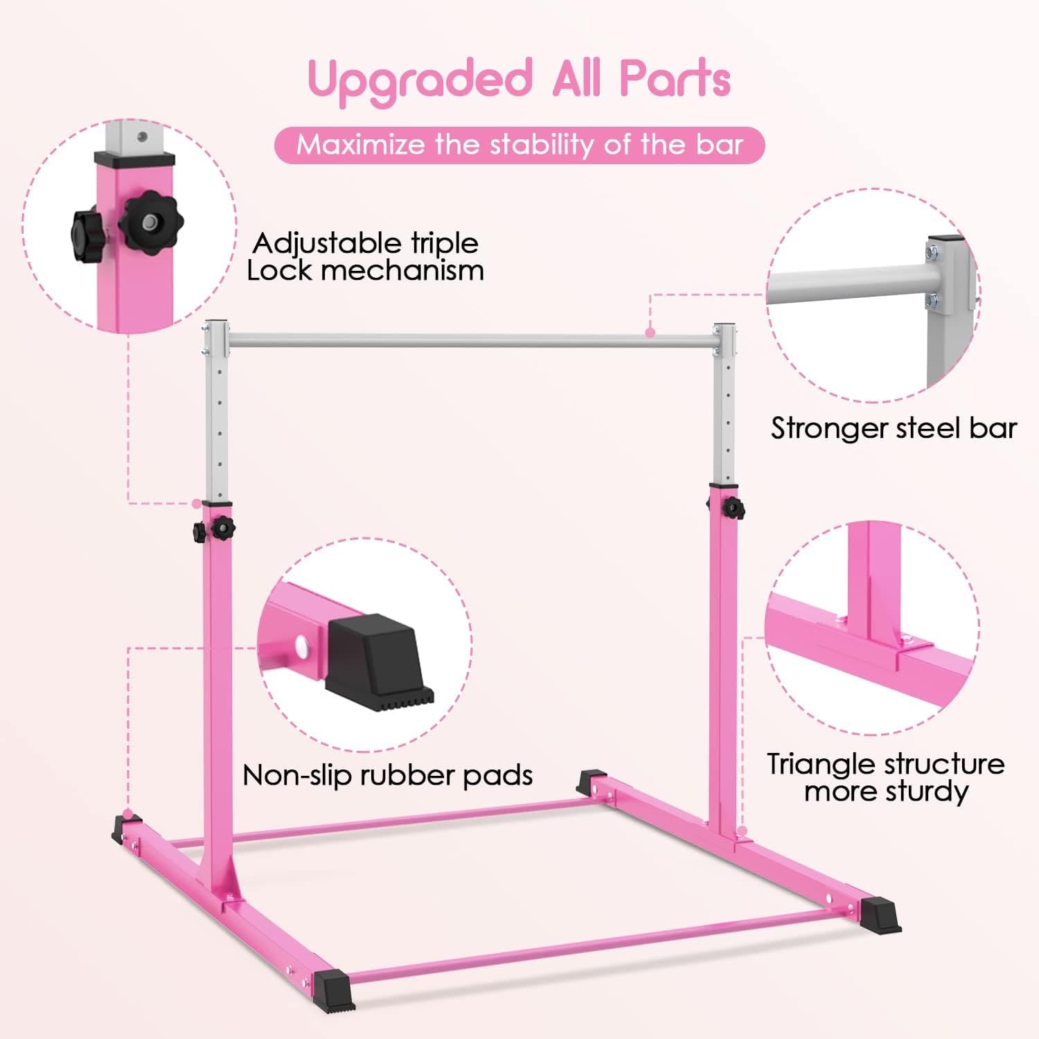 Safly Fun Gymnastics Bar with Mat for Kids Ages 3-15 for Home - Steady Steel Construction, Anti-Slip, Easy to Assemble, 3' to 5' Adjustable Height