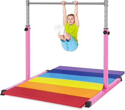 Safly Fun Gymnastics Bar with Mat for Kids Ages 3-15 for Home - Steady Steel Construction, Anti-Slip, Easy to Assemble, 3' to 5' Adjustable Height