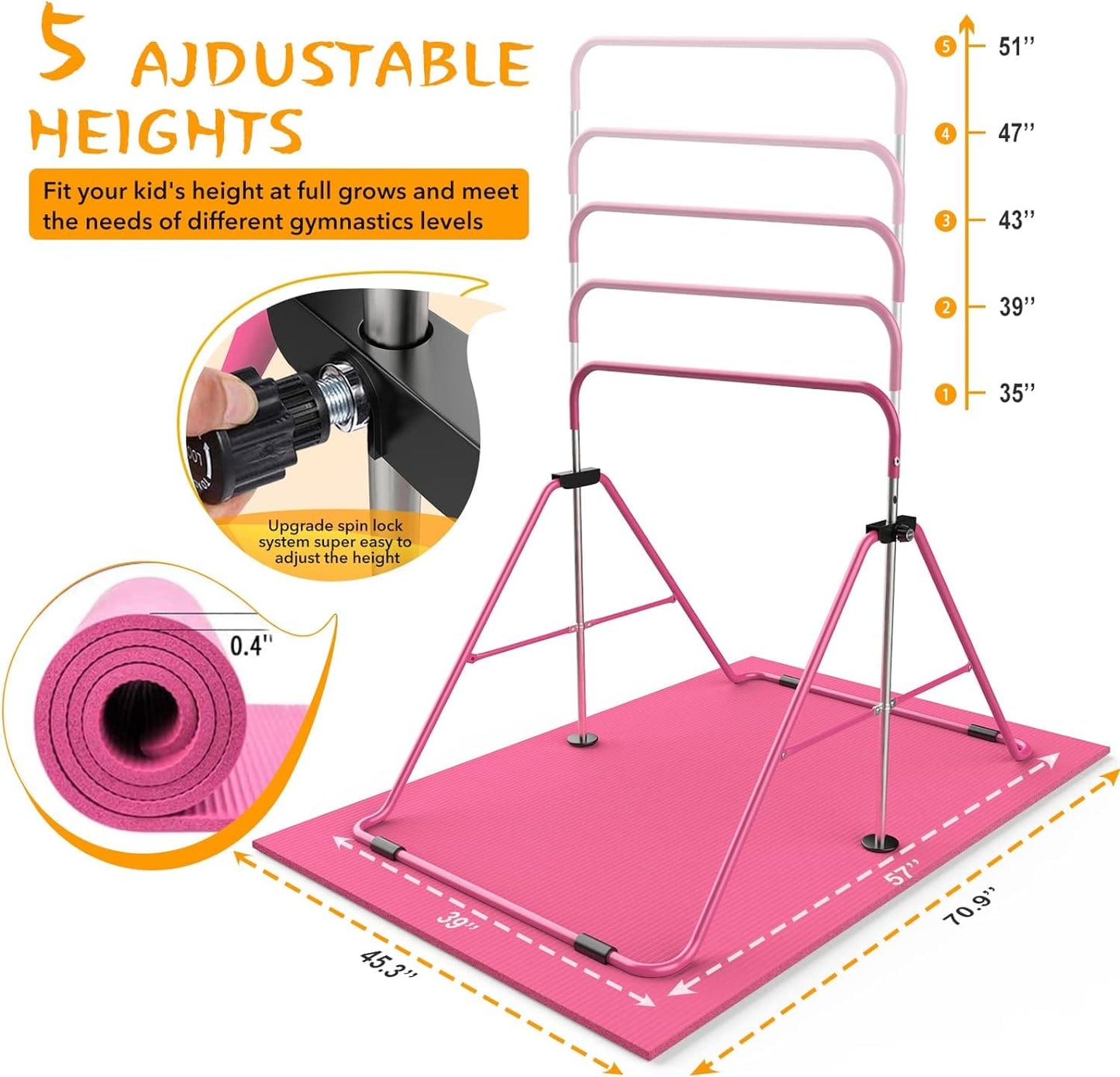 Safly Fun Gymnastics Bar for Kids Ages 3-15 for Home - Steady Steel Construction, Anti-Slip, Easy to Assemble, 3' to 5' Adjustable Height