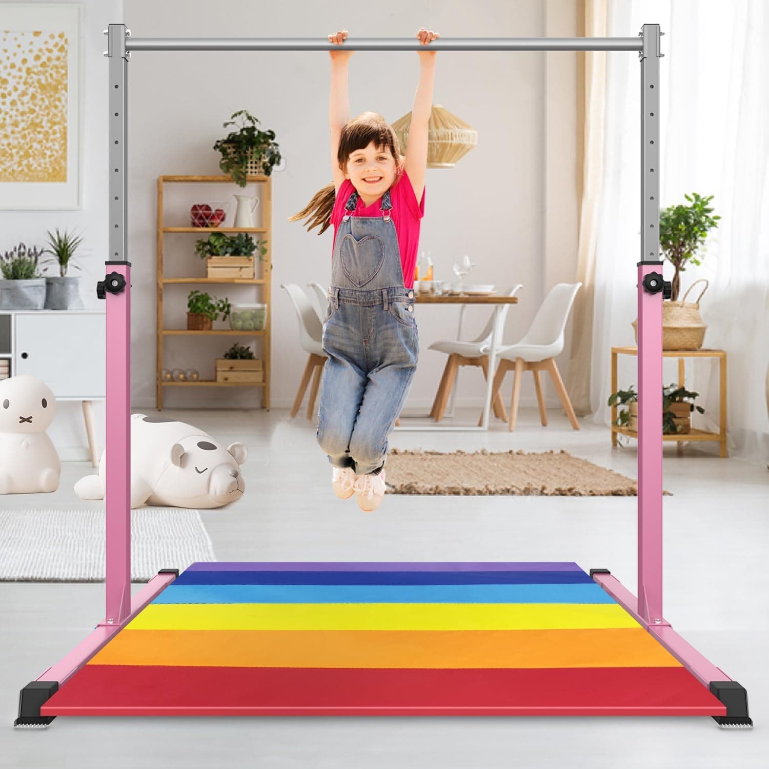 Safly Fun Gymnastics Bar with Mat for Kids Ages 3-15 for Home - Steady Steel Construction, Anti-Slip, Easy to Assemble, 3' to 5' Adjustable Height