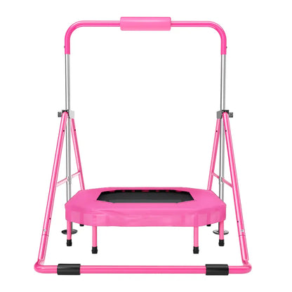 foldable gymnastics bar for kids with a mini trampoline